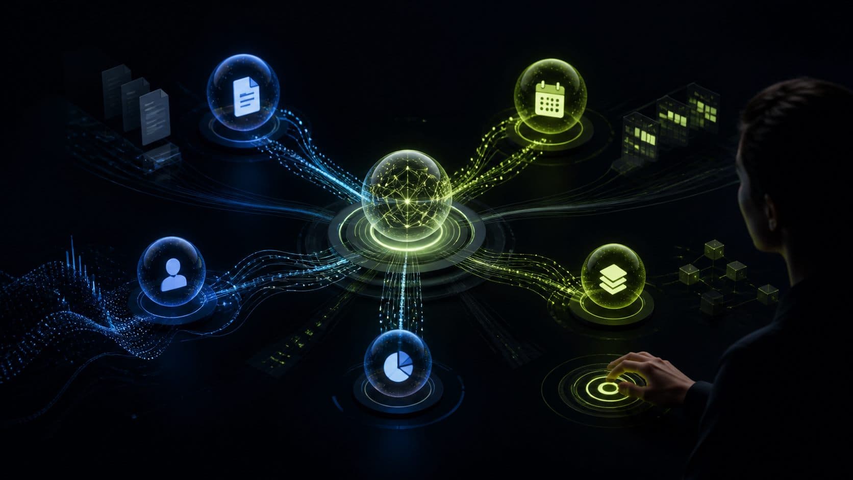 Abstract AI agent orchestration system connecting productivity workflows