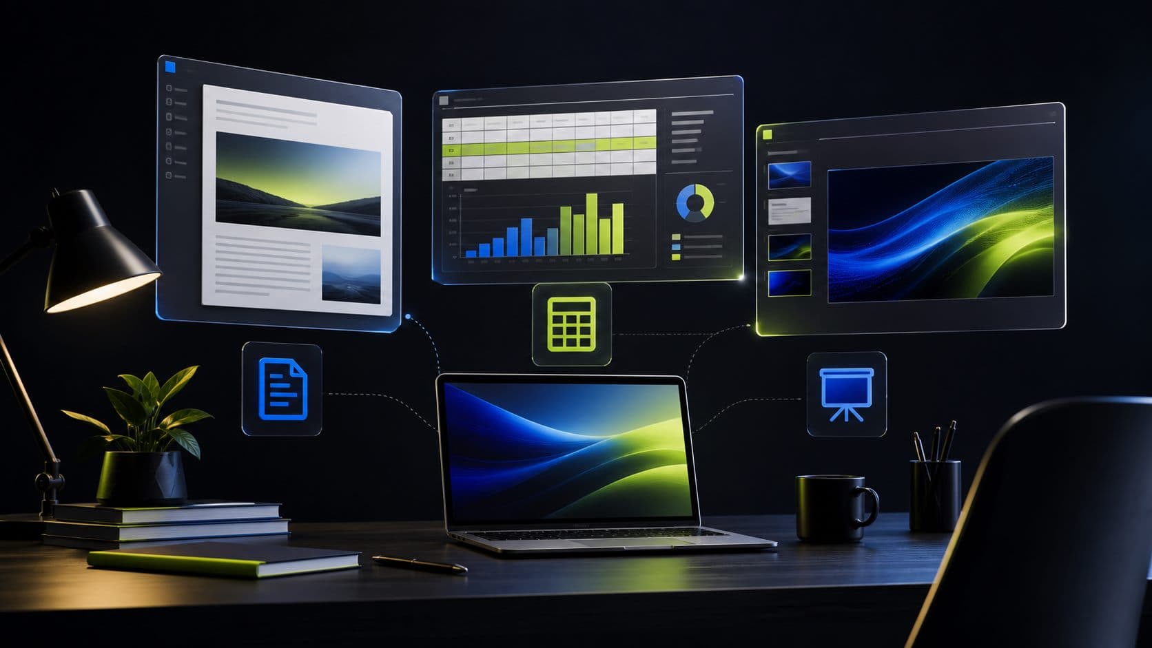 Open productivity workspace with document spreadsheet and presentation tools