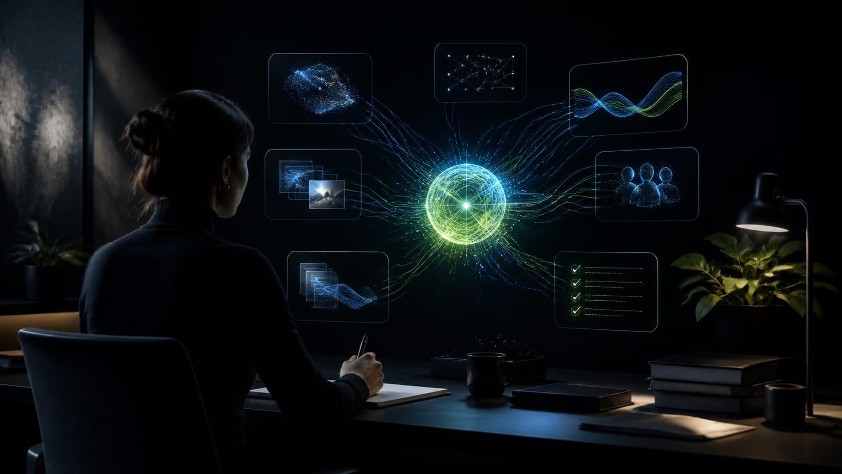 Professional using an organized set of AI productivity tools