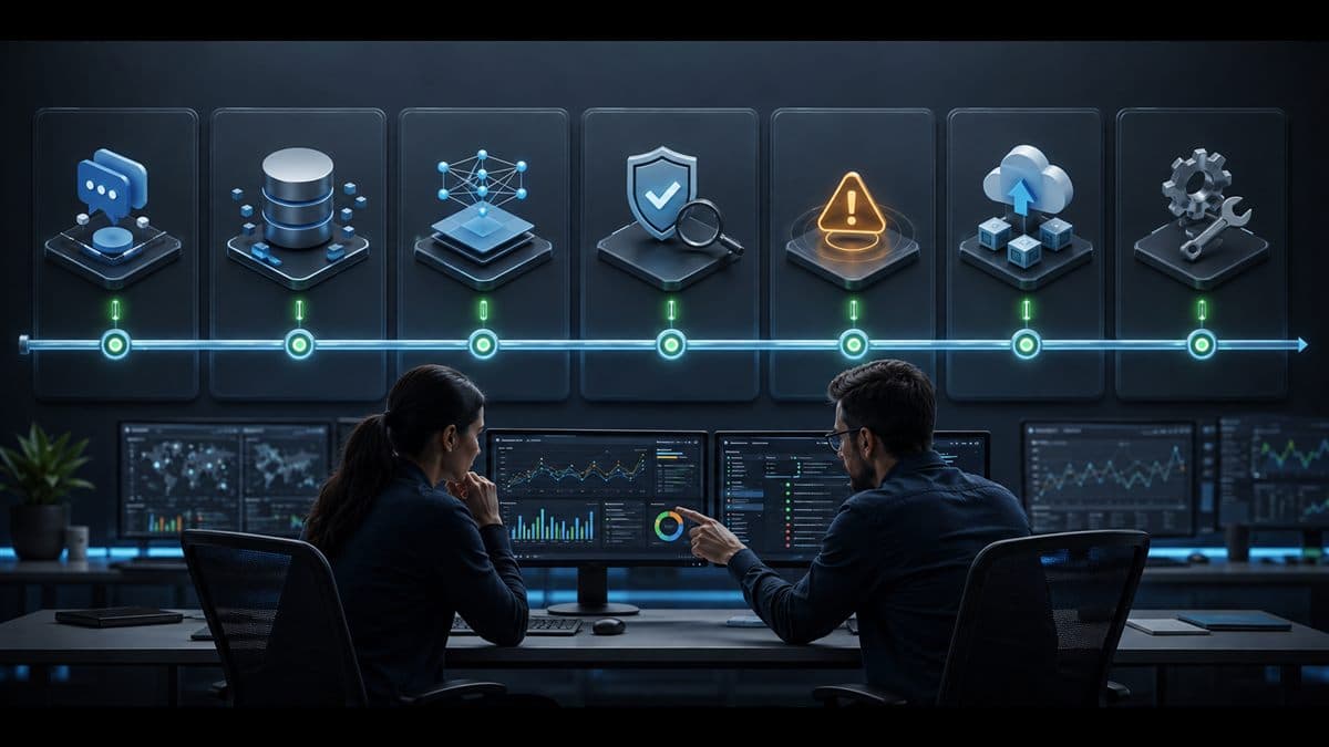 Developers reviewing a seven-stage artificial intelligence software lifecycle