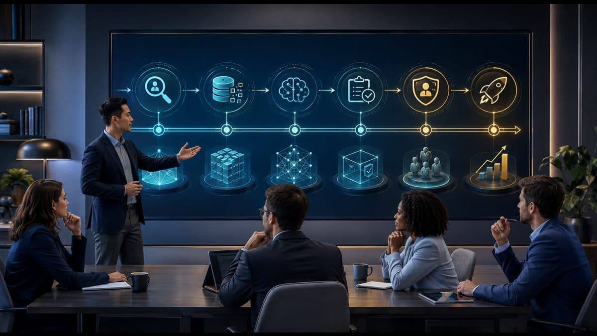 A professional team reviewing a responsible AI implementation roadmap
