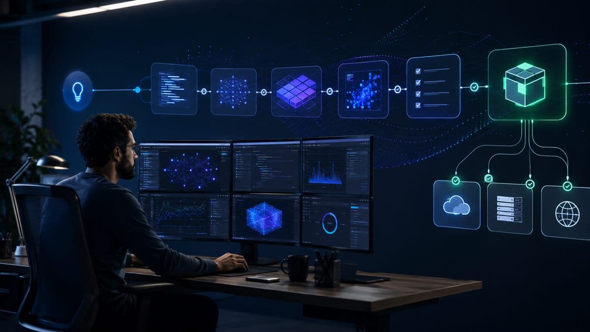 A developer reviewing an AI testing and deployment pipeline