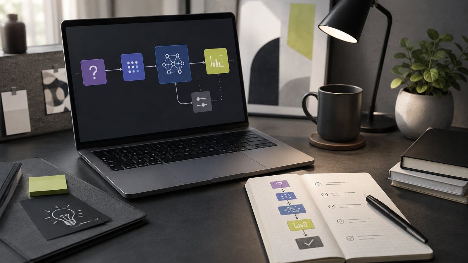Laptop and notebook showing a structured beginner AI project workflow