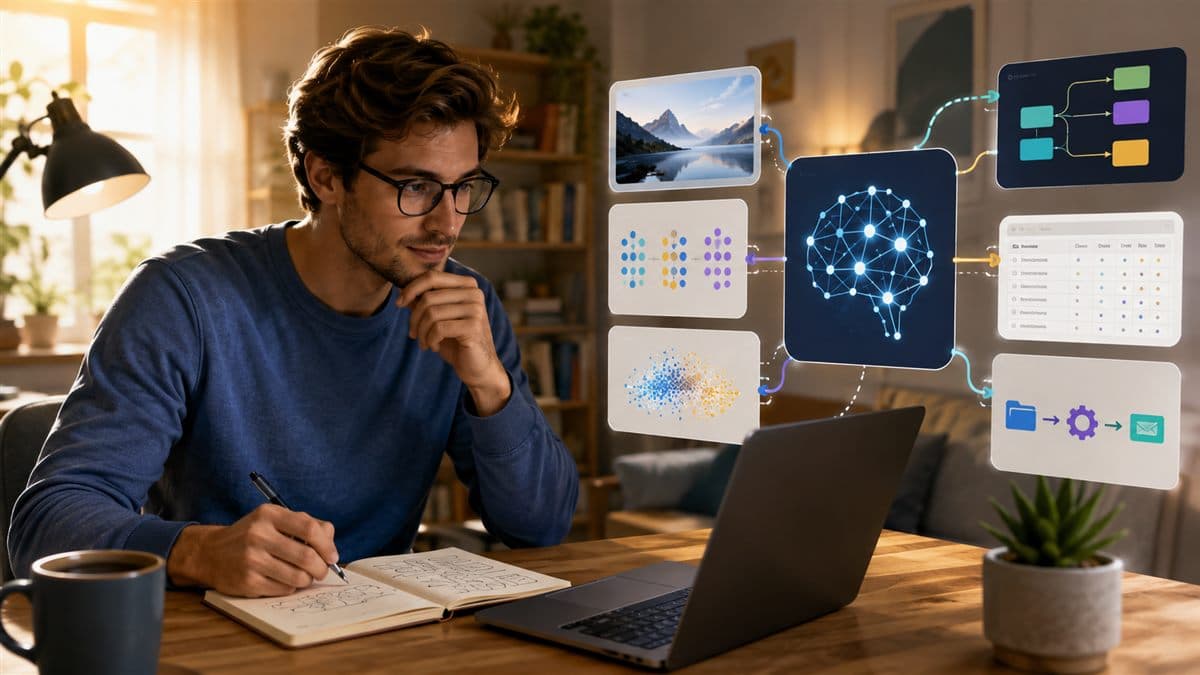 A beginner mapping AI concepts and practical projects at a home workspace