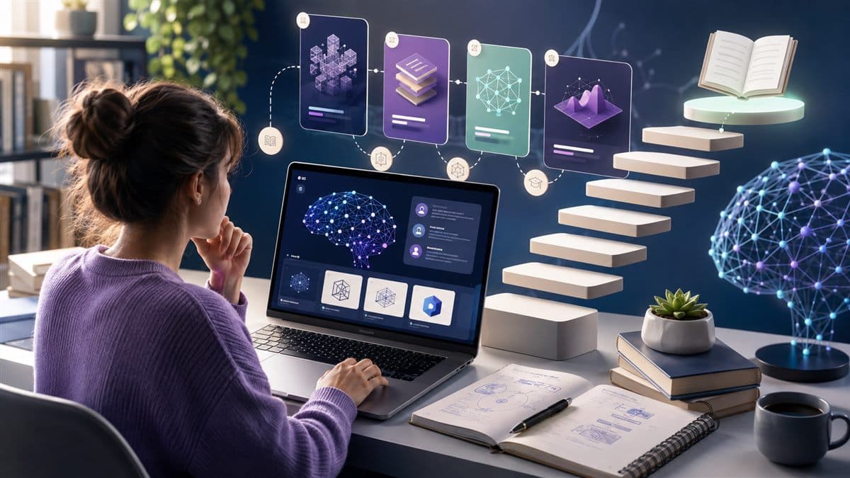 A learner exploring an organized library of free AI courses
