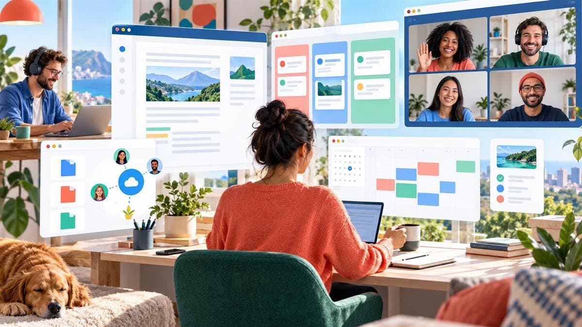 Remote team workspace with browser-based documents, task boards, calendars, and video collaboration