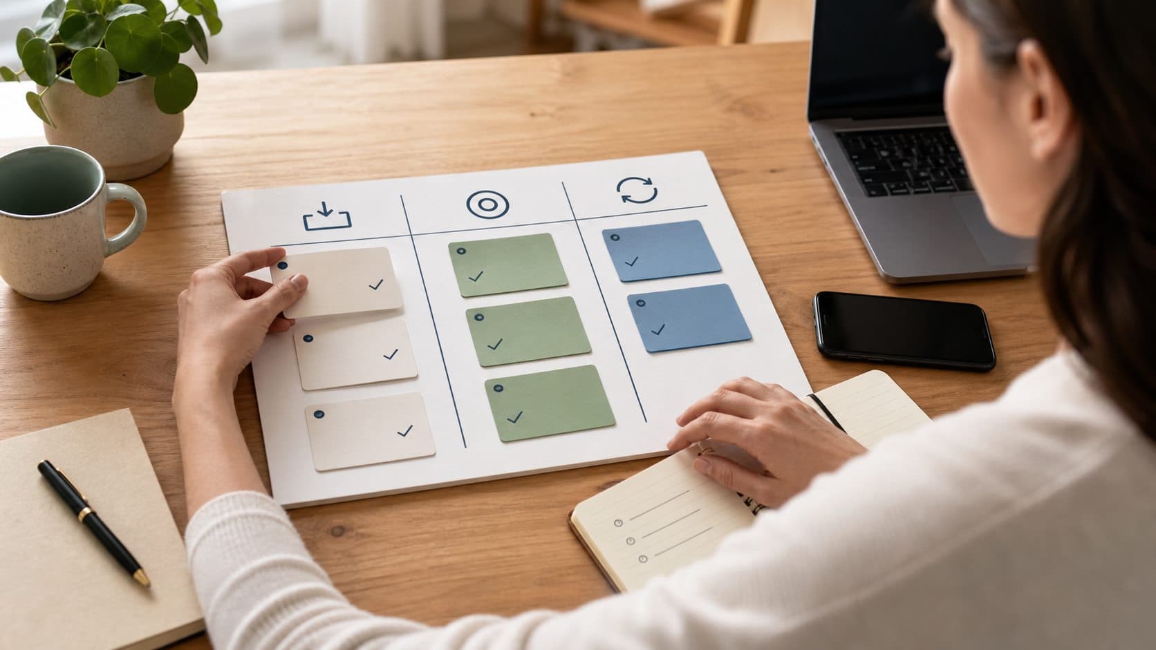 Professional organizing tasks into capture, focus, and review stages at a clean desk