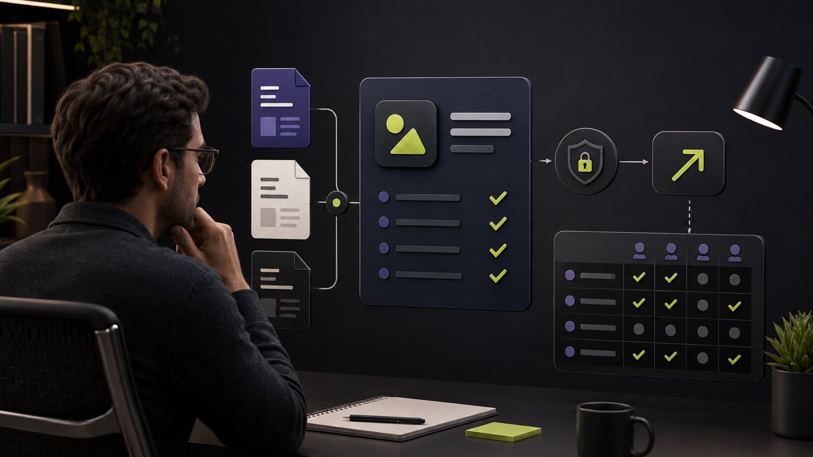 Professional reviewing an AI tool evaluation checklist and test matrix