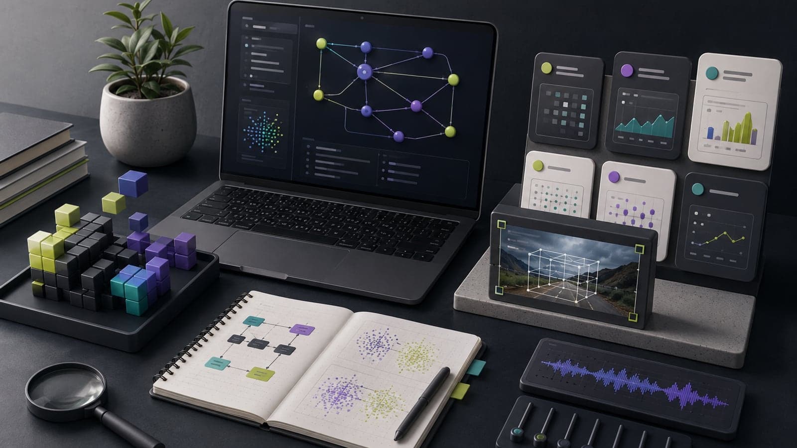 AI development workspace with code, datasets, model diagrams, vision, and audio tools