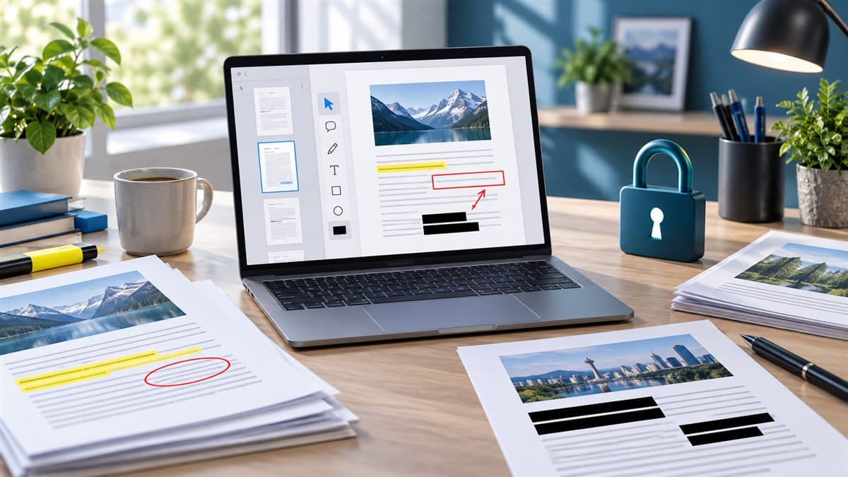 Windows laptop showing PDF editing, annotation, redaction, and privacy tools