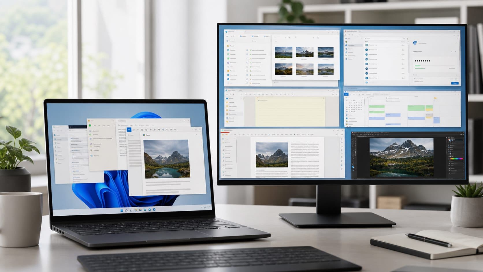 Windows laptop and monitor displaying a collection of generic productivity applications