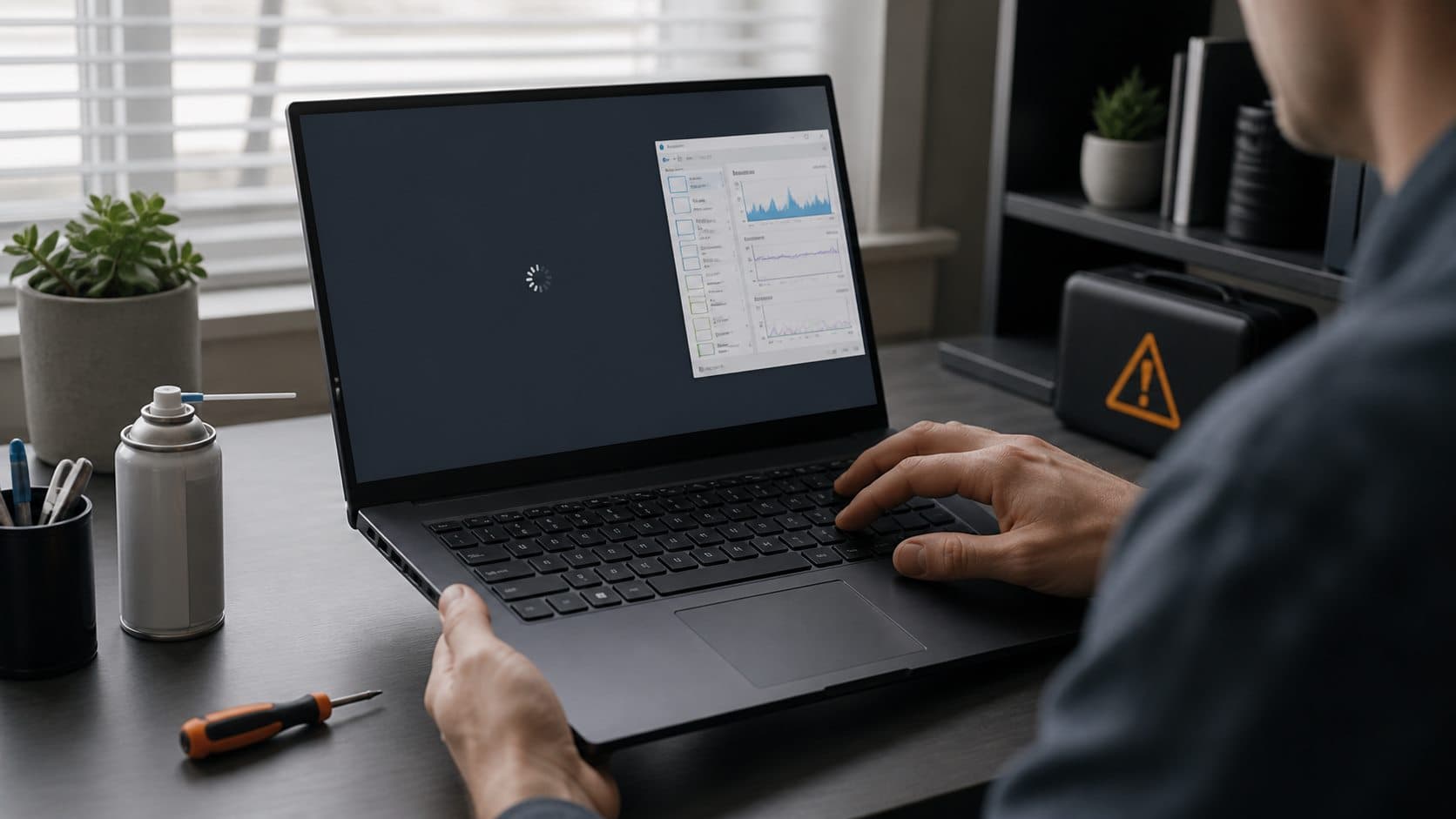 User diagnosing a frozen laptop with performance monitoring tools
