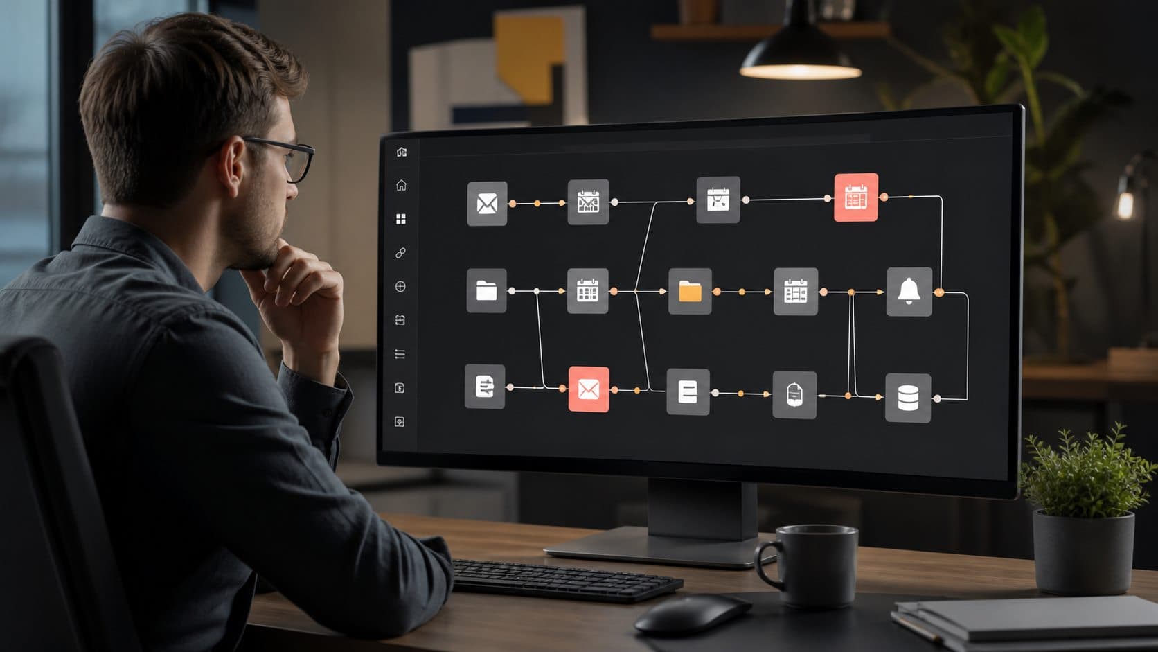 Professional reviewing a visual workflow connecting common everyday applications