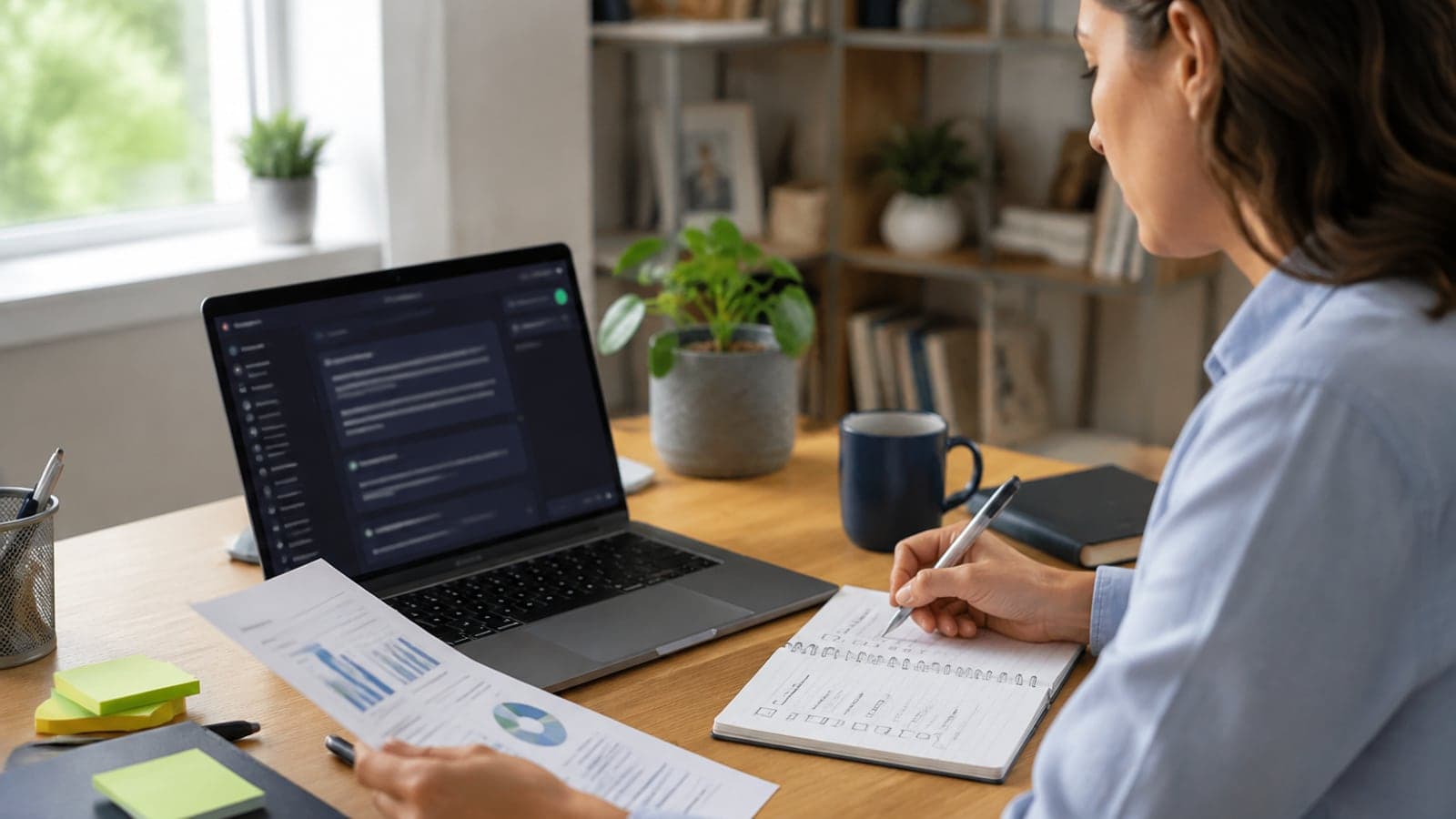 Professional reviewing AI-assisted work against source documents and a checklist