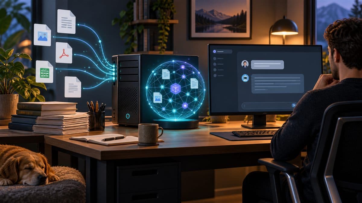 Private AI knowledge base with documents flowing into a local server and chat interface