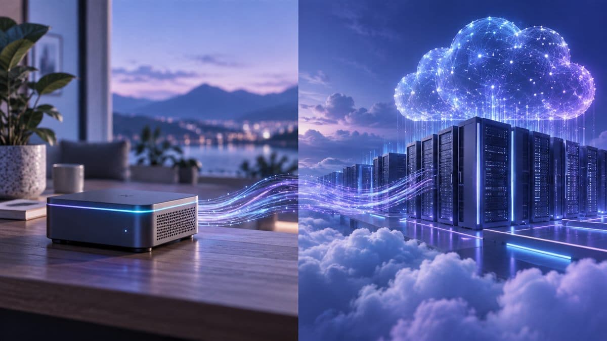 Split editorial illustration showing a compact edge AI device and a larger cloud AI system connected by data flows