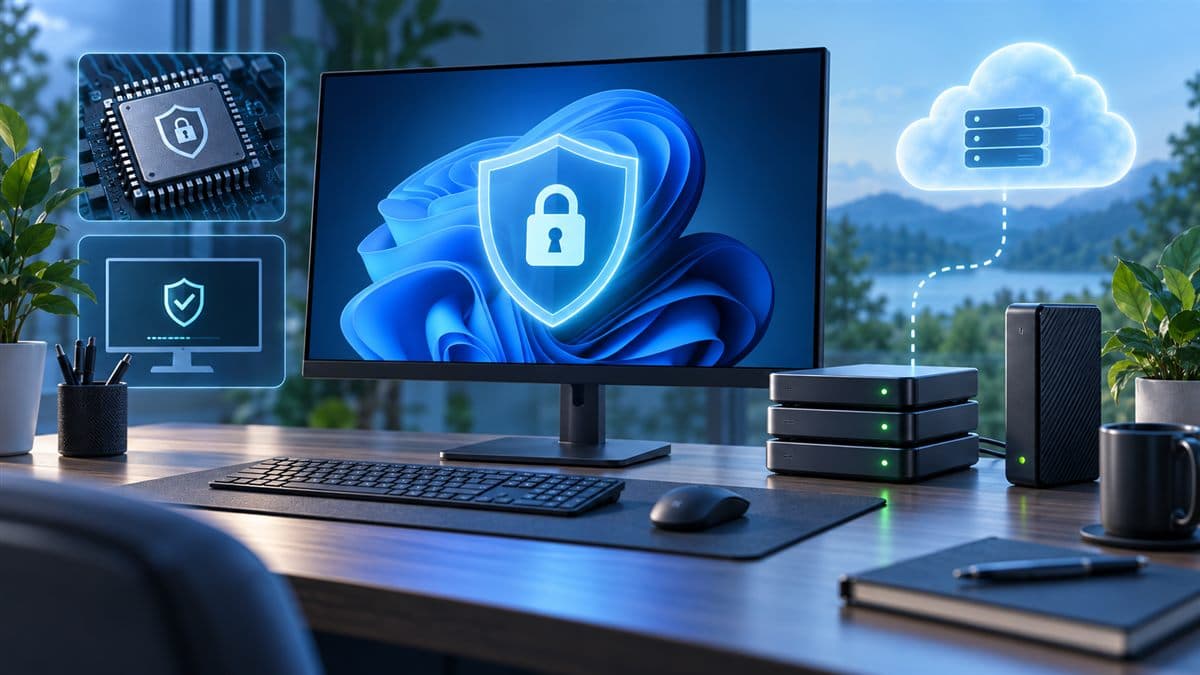 Windows 11 workstation protected by a shield with local, offline, and cloud backup layers