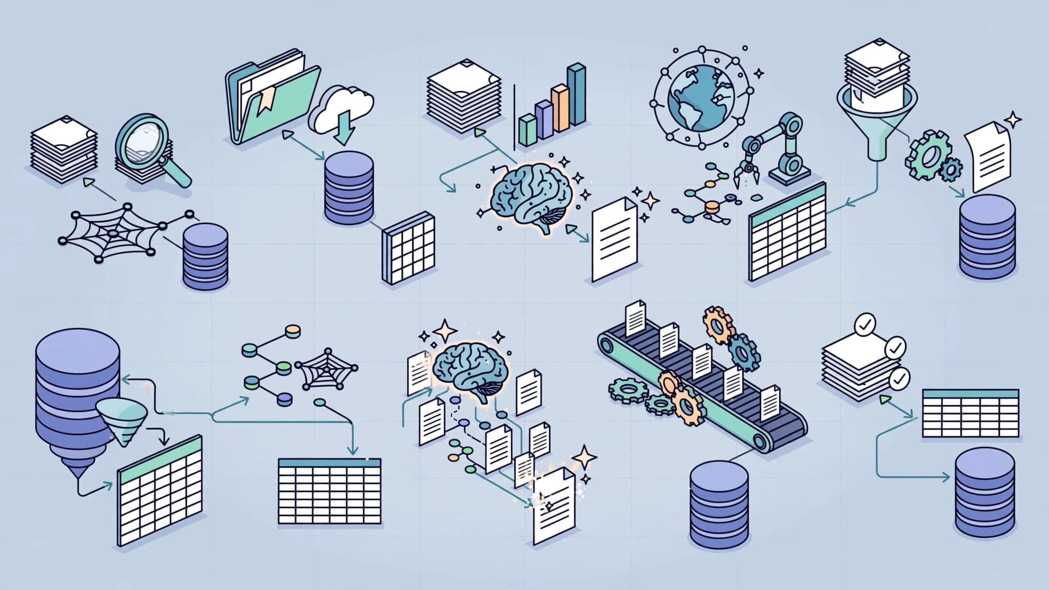 Isometric illustration of ten n8n research automation workflows with databases spreadsheets and AI brains