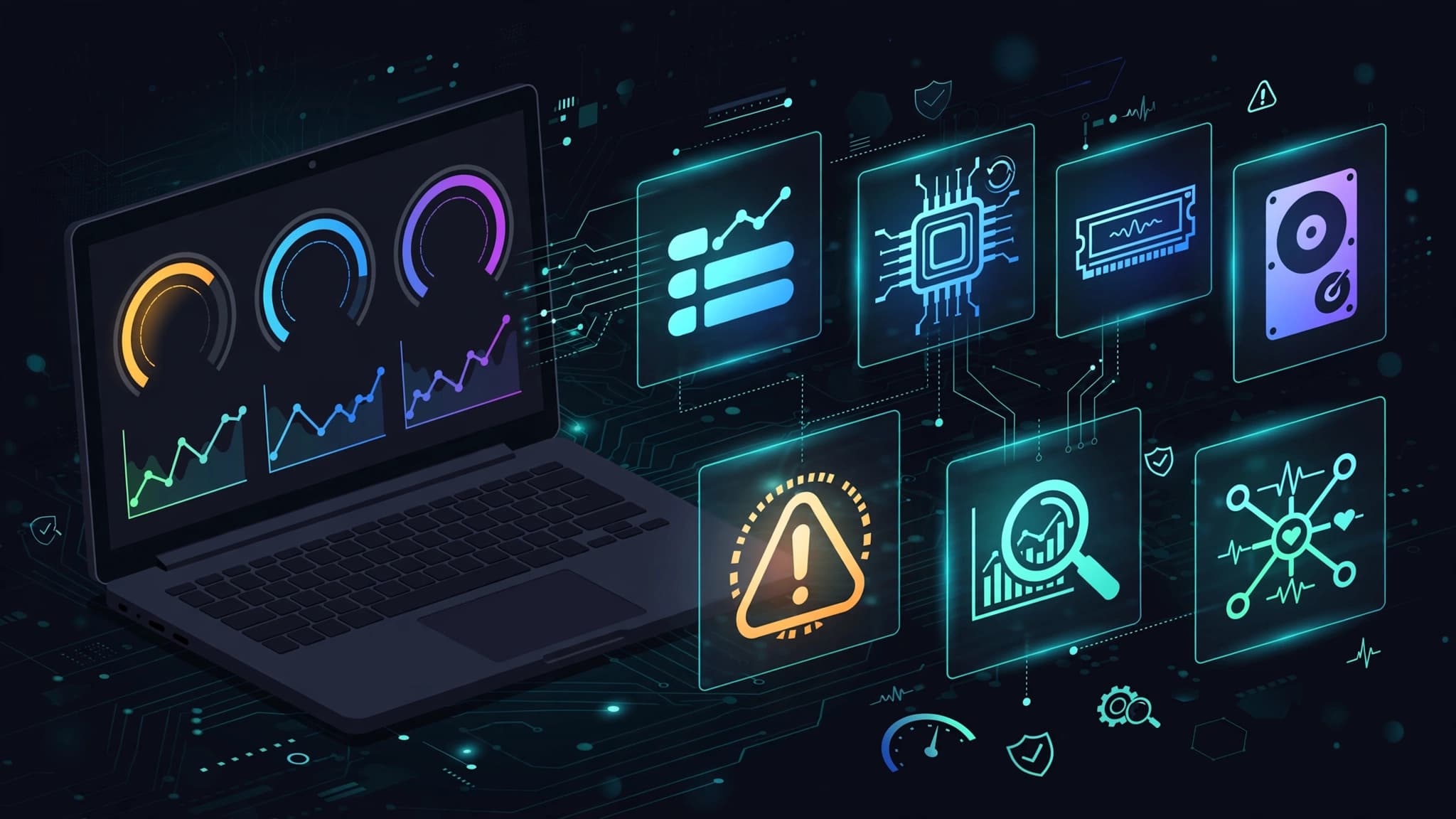Windows laptop with performance gauges and seven diagnostic tool icons showing CPU chip memory RAM hard drive warning and system monitoring illustration