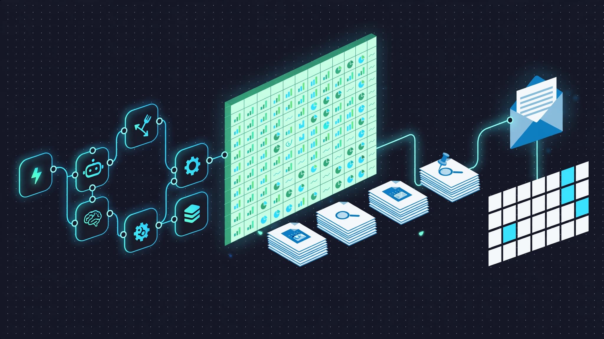 Automation workflow illustration showing n8n nodes connected to Google Sheets database with research papers stack and email newsletter digest isometric style