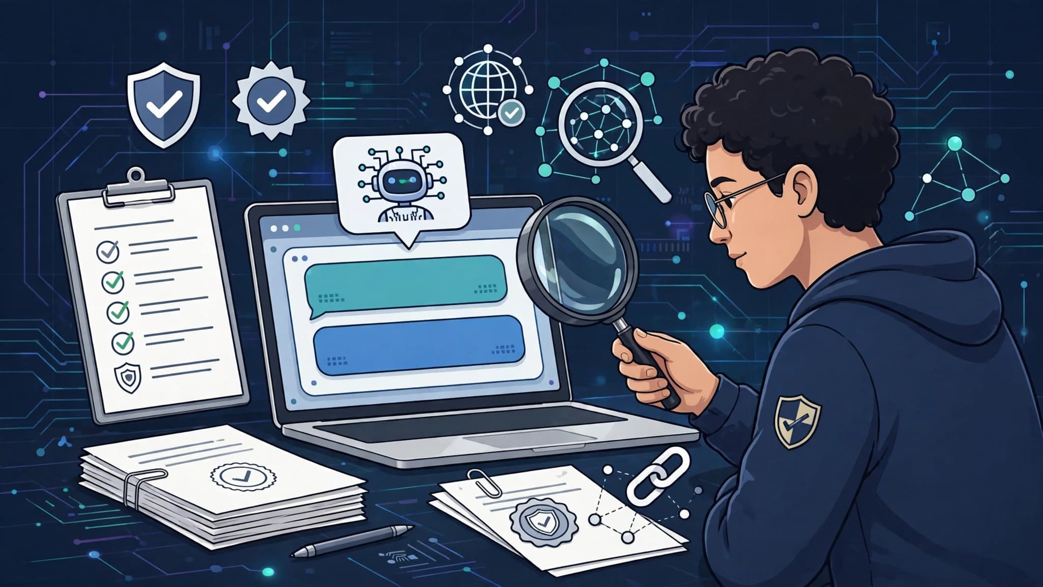 Person fact-checking AI chatbot answers on laptop with magnifying glass checklist documents and verification shields illustration