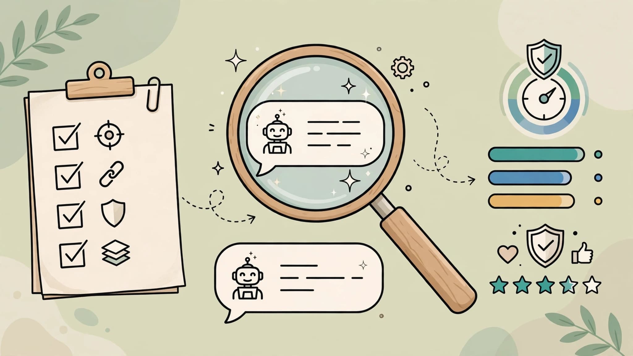Framework for evaluating AI answers with magnifying glass checklist and trust scoring illustration