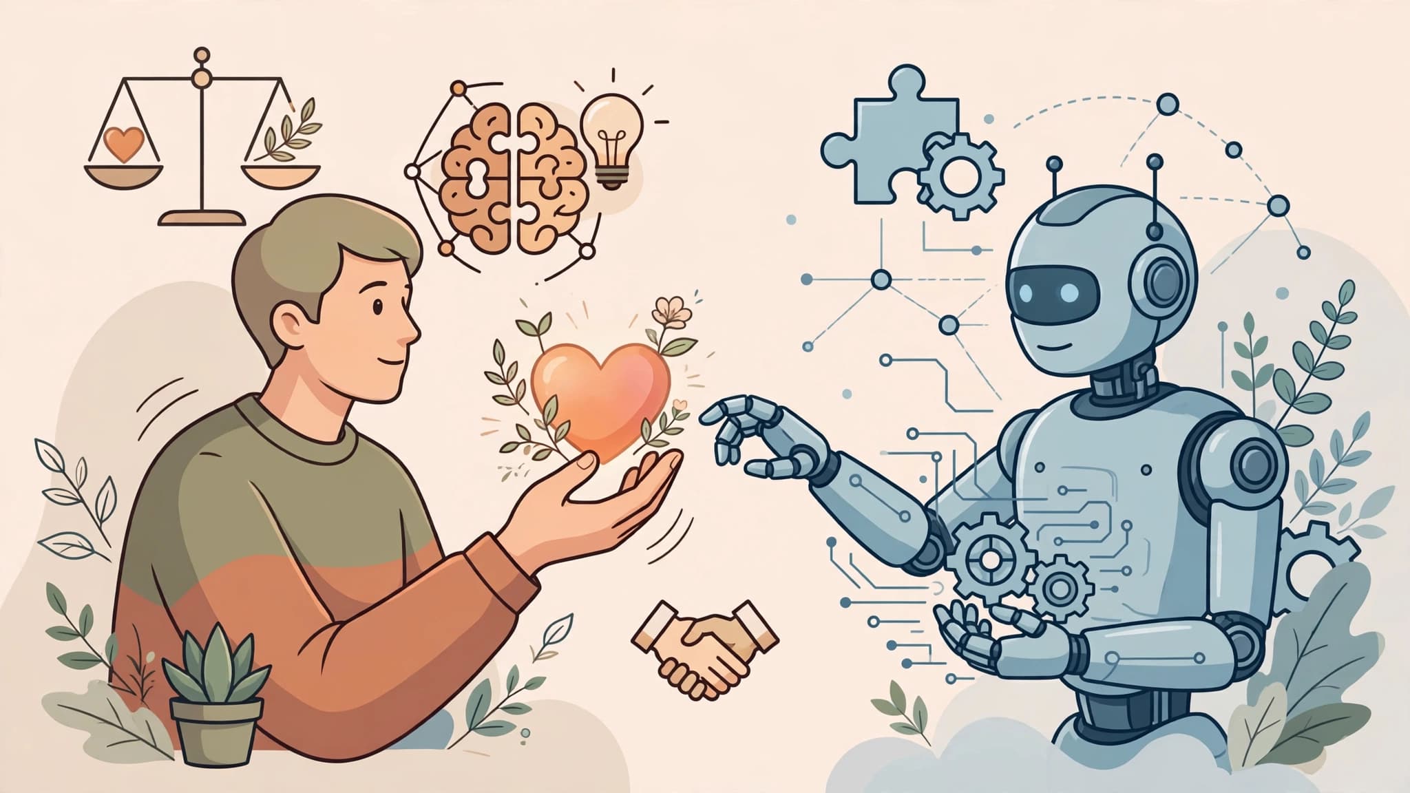 Human offering heart empathy while robot holds gears illustrating tasks needing human judgment